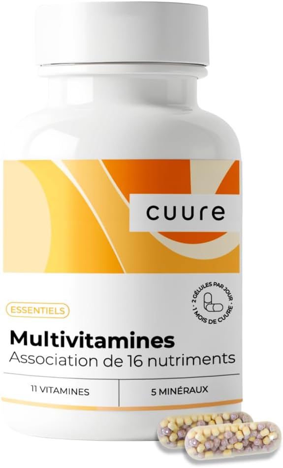 Multivitamines et Minéraux - CUURE - Vitamines A B C D E + Magnésium & Zinc - Nutriments Biodisponibles & Haute Absorption - 60 Gélules - Formule Propriétaire - Fatigue, Immunité - Fabriqué en France Sans saveur 60 unité (Lot de 1)