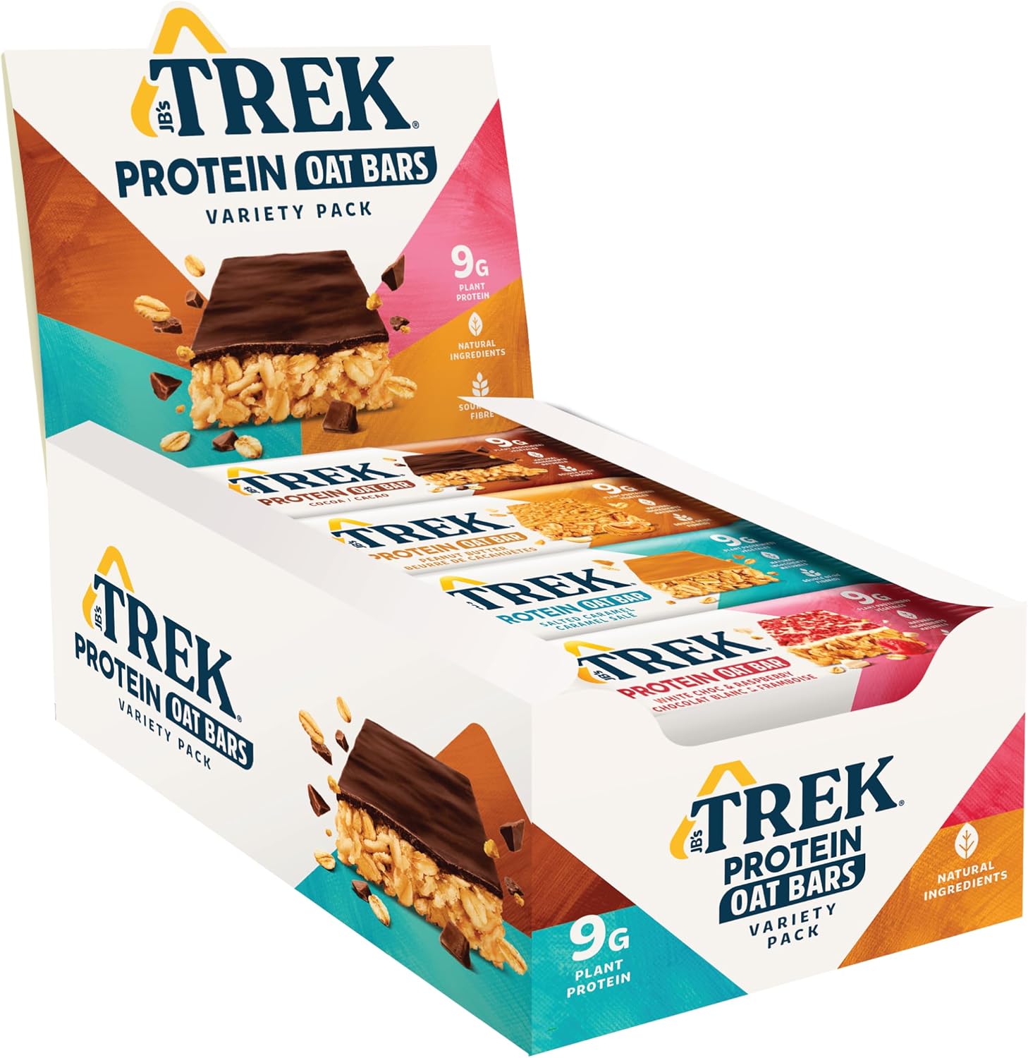 JB's TREK Barres d'Avoine Protéinées - Paquet Assortiment - Végétal - Sans Gluten - Vegan - 16 x 50g Barres - 800g Framboise, Beurre, Chocolat 16 Unité (Lot de 1)