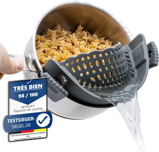 Passoire Clipsable Universelle en Silicone - Sans BPA - Demi Passoire avec Bec Verseur pour Casseroles - Gadget Cuisine Pratique pour Égoutter Pâtes et Aliments - Compacte, Tamis, Inox, Chinois Gris