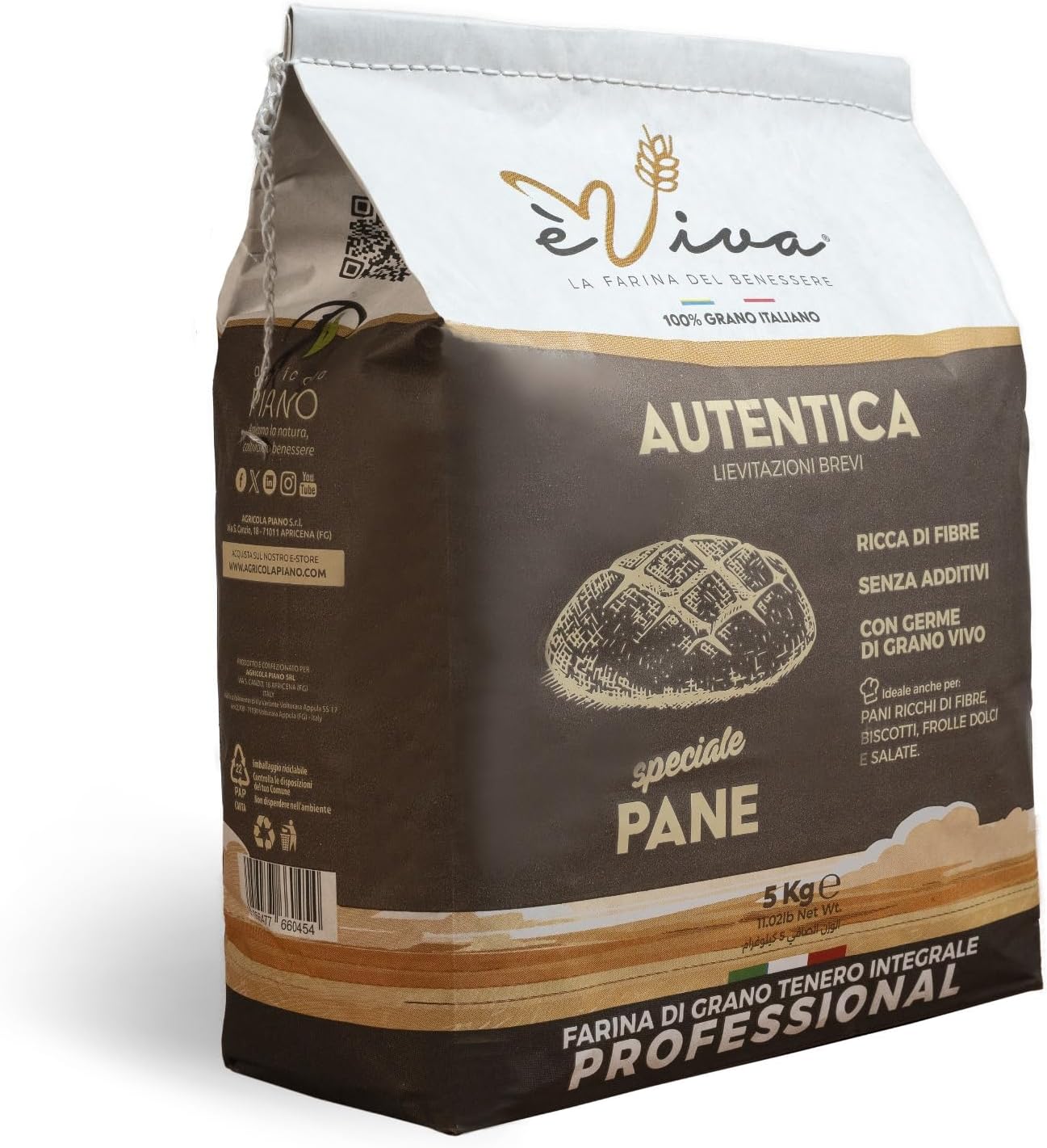 Agricola Piano – Autentica - Farine de Blé Tendre Complet Type 150 kg 5-100% Italienne – Idéale pour Pain, Biscuits et Pâte Sablée - Intégrale Véritable – Professionnelle - Sans Additifs