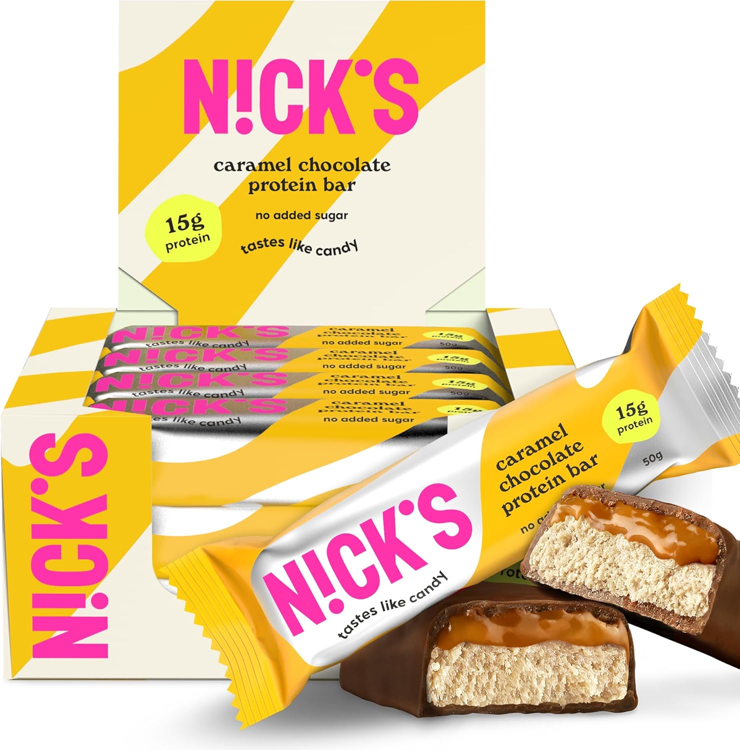 NICKS Barre protéinée faible en glucides, caramel au chocolat - 15 g de protéines - 190 calories - céto- low carb - Sans sucre ajouté - Sans gluten (12 keto protein bars x 50 g) Chocolat caramel 12 Unité (Lot de 1)