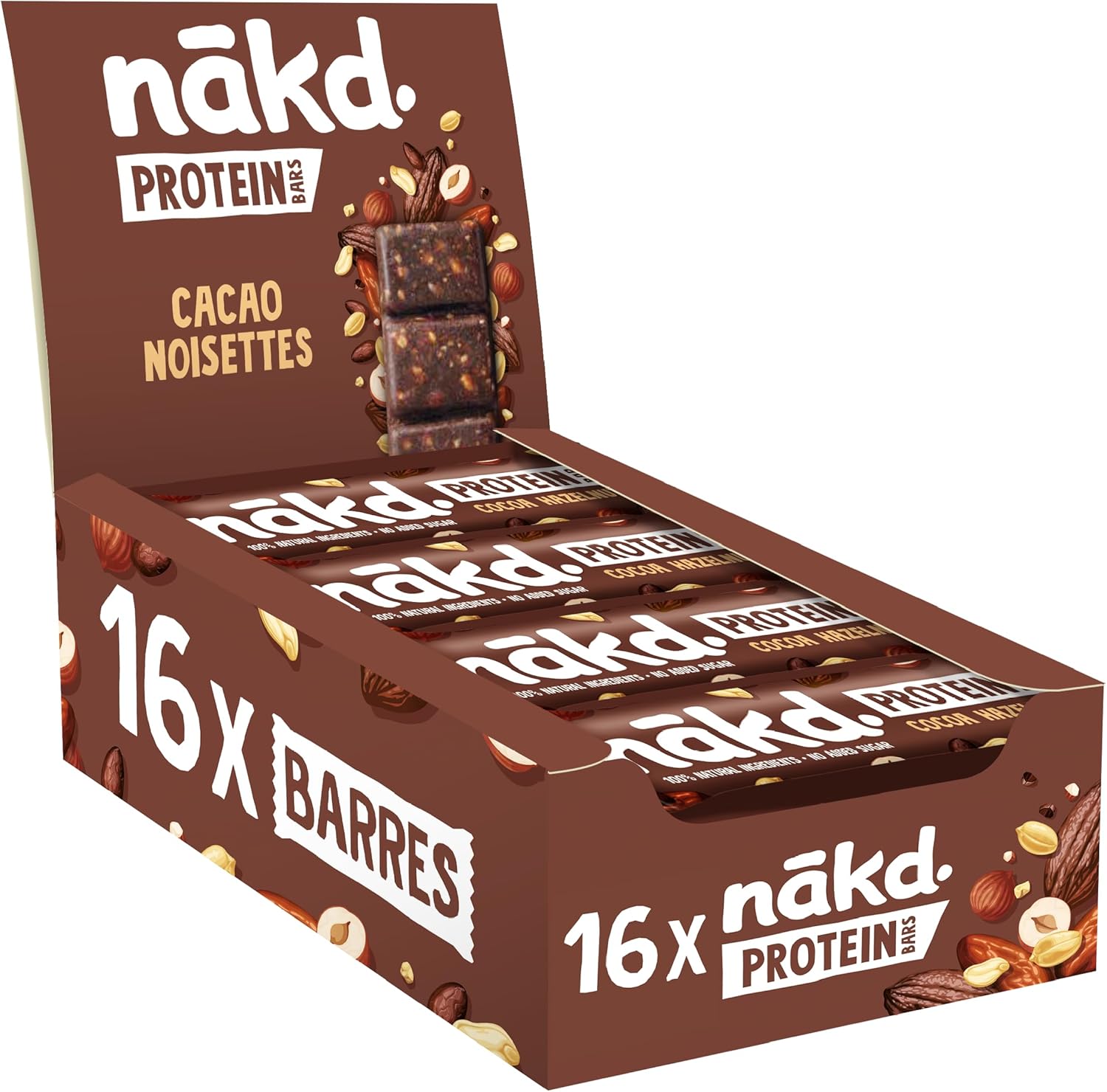 Nākd - Protein Cacao Noisette - Barres Protéinées - 7g de Protéines Végétales - 100% d'Ingrédients Naturels - Sans Sucres Ajoutés - Vegan - 16 x 45g - 720g