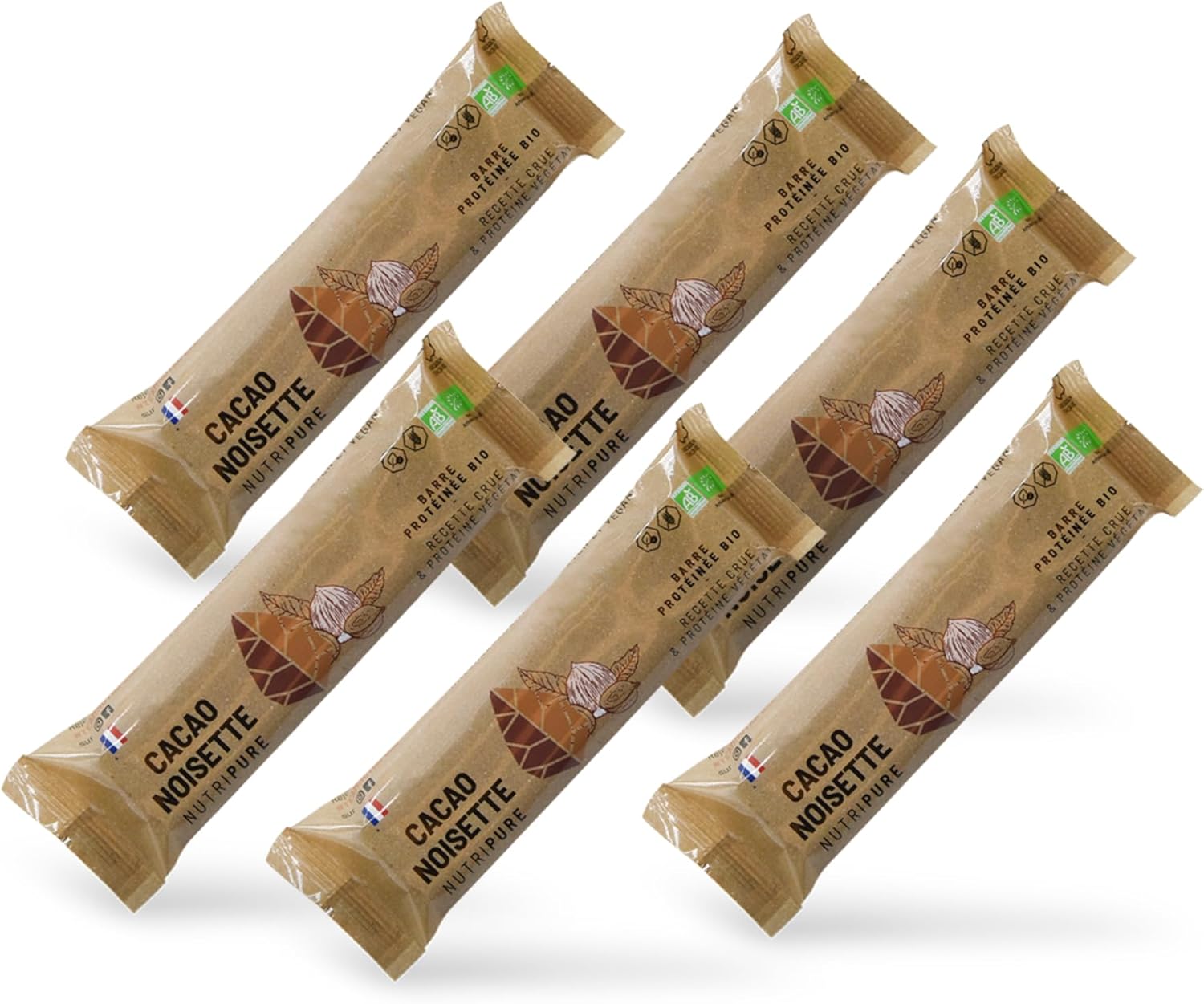 Raw Barre Bio - Barre Protéinée Cacao Noisette - Vegan et Bio - Riche en Dattes, Beurre de Cacao et Fruits Secs - Snack Sain et Gourmand Sans Conservateur - Pack de 6 - Fabriqué en France Cacao Noisette 6