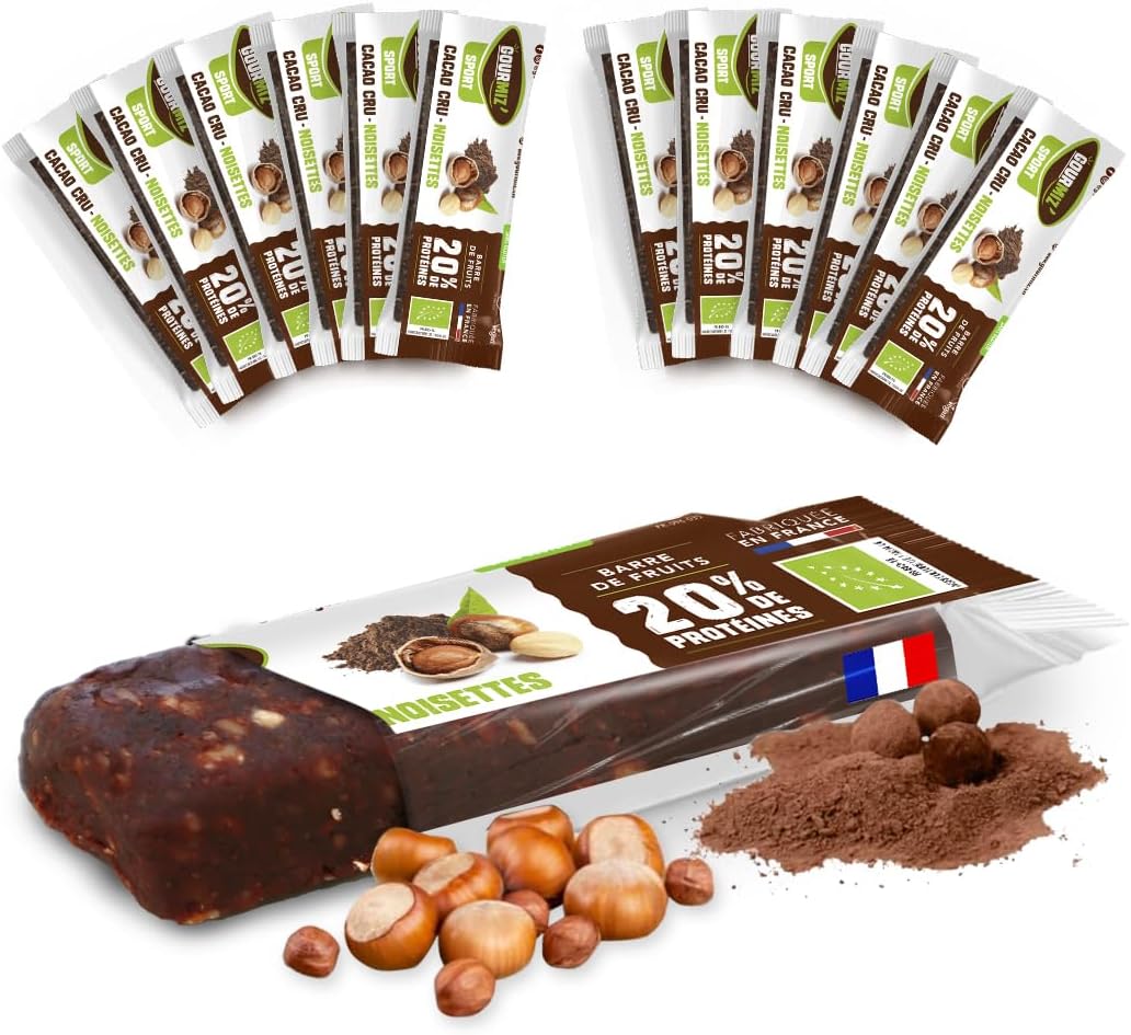 Barres de fruits protéinées - 12 x 40gr - (20% de protéines), barre protéinée énergétique bio, dattes, noisettes & cacao cru, snacks vegan, proteine & sans gluten, protein bar cacao cru, noisette pack x12