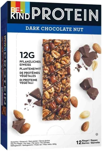 BE-KIND - Barres de Céréales Protéinées - Noix & Chocolat Noir - Sans Gluten - Riches en Fibres - Grand Format - 12 x 50g Protein Dark Chocolate Nut