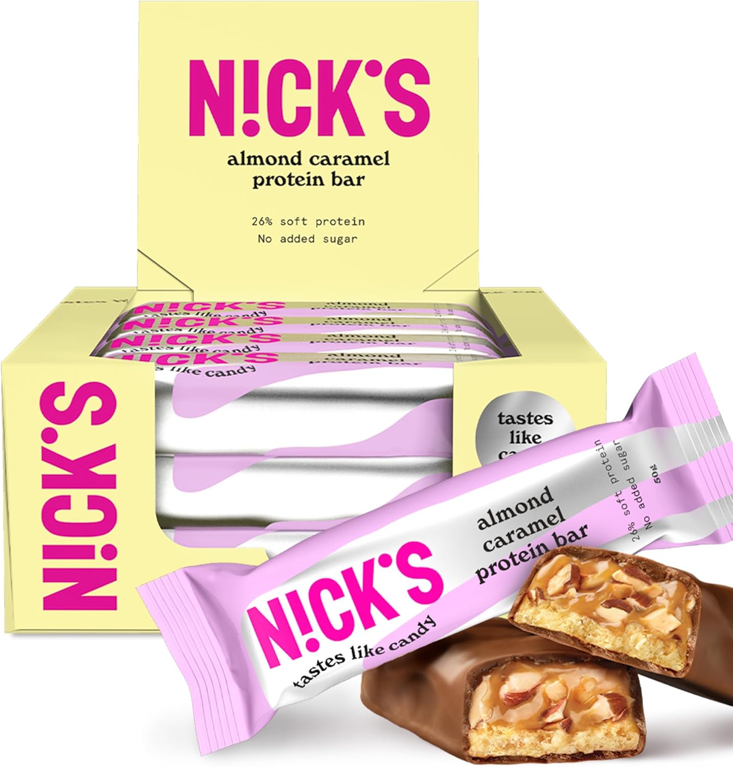 NICKS Barre protéinée faible en glucides, d'amande et caramel - 13 g de protéines - 201 calories - céto - low carb - Sans sucre ajouté - Sans gluten (12 keto protein bars x 50 g) Amande caramel 12 Unité (Lot de 1)
