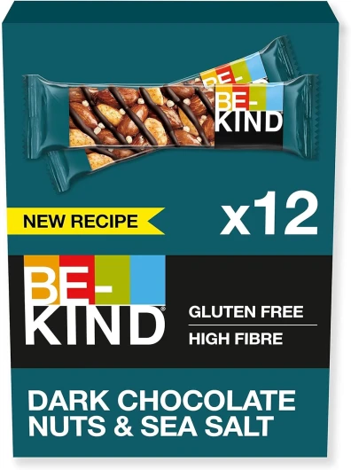 BE-KIND - Barres de Céréales - Chocolat Noir, Amandes & Sel Marin - Sans Gluten - Riches en Fibres - Grand Format - 12 x 40g Chocolat Noir, Amande 1 unité (Lot de 1)