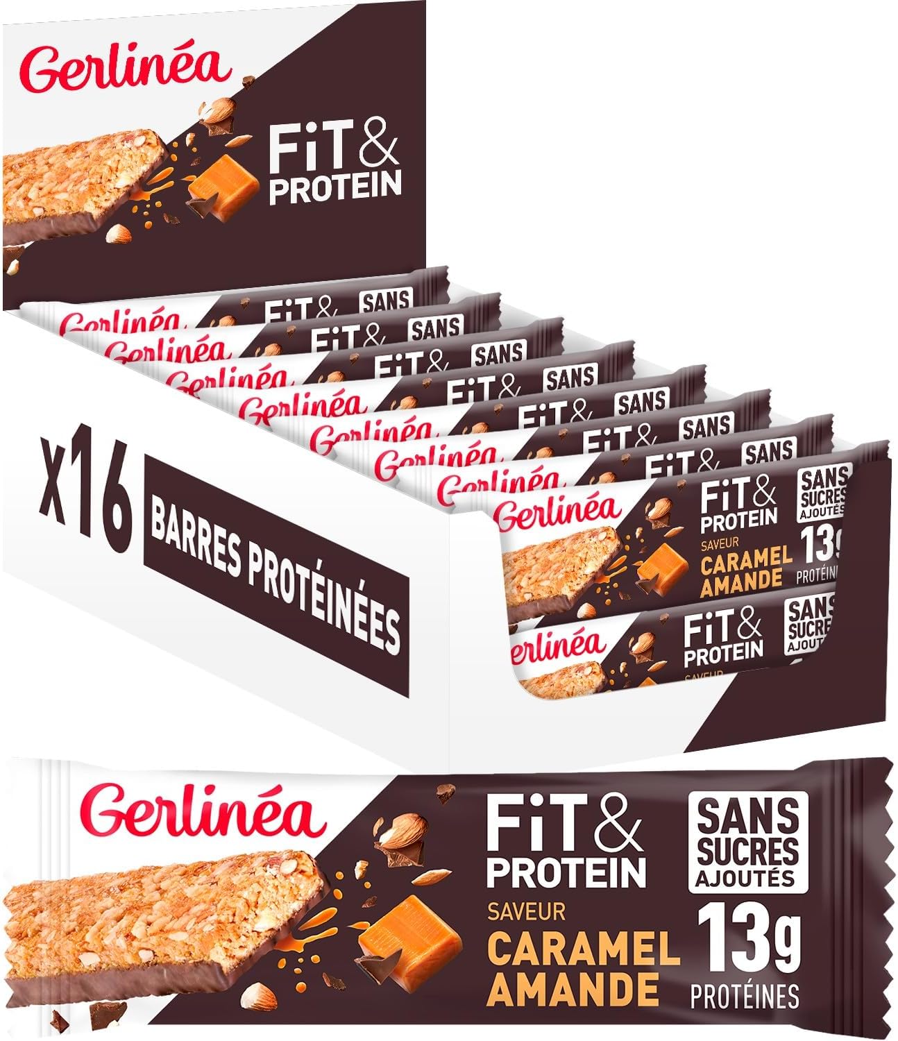 Fit&Protein - Barres Protéinées saveur Caramel Amandes - Sans Sucres Ajoutés - 13 gr protéines par barre de 45g - Protéines Après le Sport - 16 barres