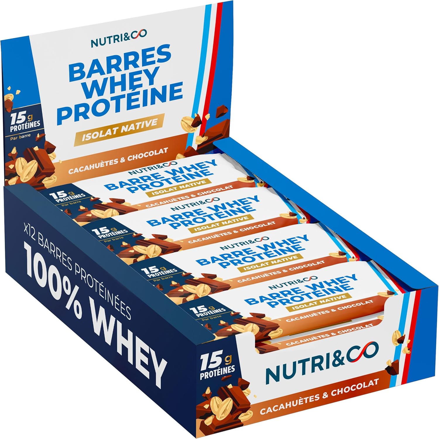 NUTRI & CO Barres Protéinées Whey Isolat Native - 15g de Protéines - Musculation & Récupération - 100% Clean sans protéines végétales ni Huile de Palme – Lot de 12 Barres Cacahuètes & Chocolat Cacahuètes & Chocolat Pack de 12 Barres