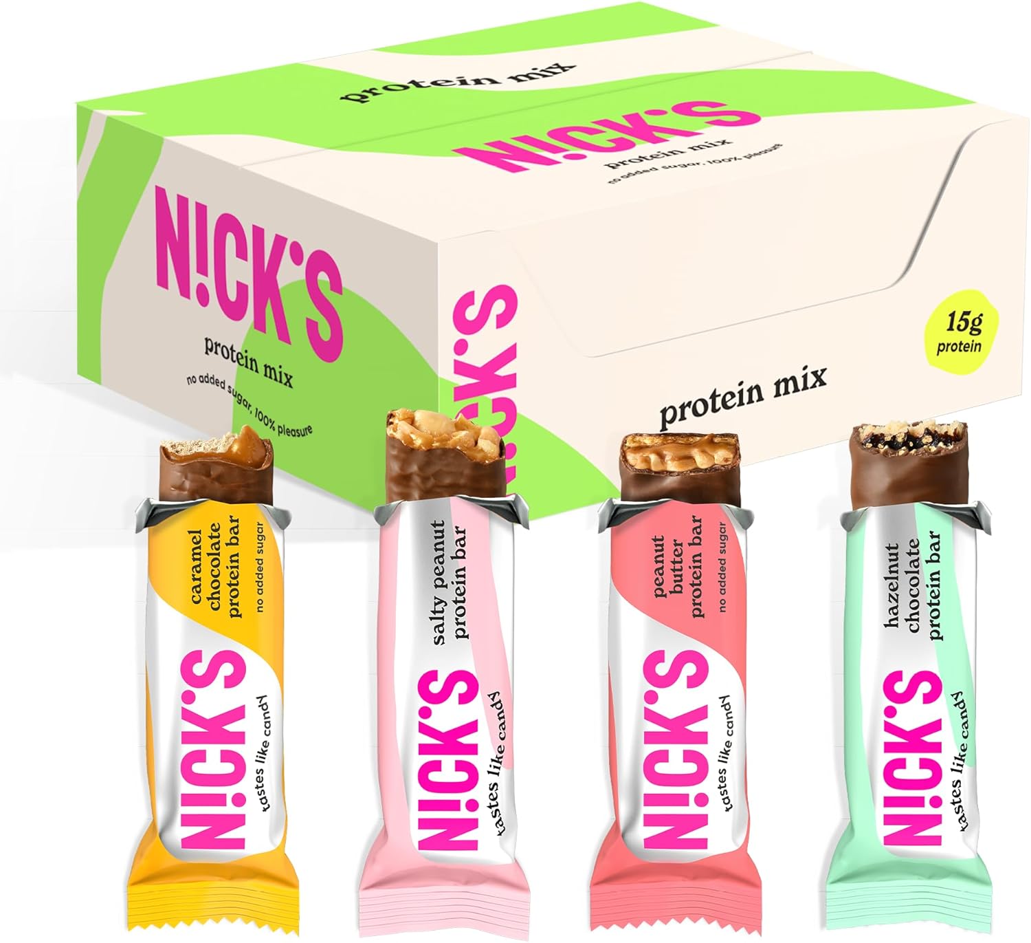 NICKS Coffret Barre Proteinée Keto Chocolat Sans Sucre Ajouté, Sans Gluten, Sans Huile de Palme - 4g Net carbs, 15g Protéines, 5g Collagène, Lowcarb (9 Barres x 50g - Protein bar Mix)