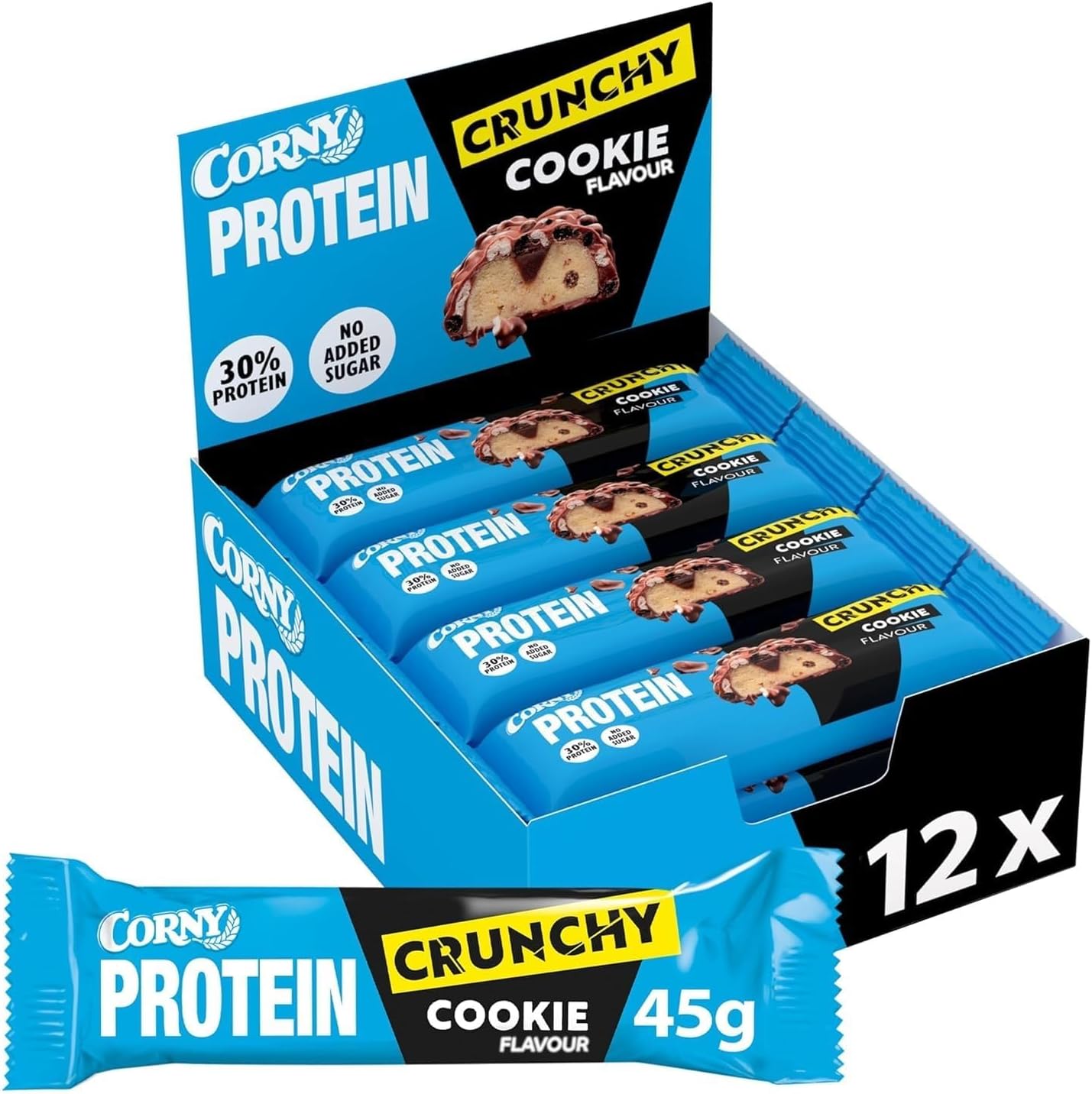 Protein Crunchy - Barres protéinées au chocolat au lait goût biscuit, 30% protéines, 0% de sucres ajoutés, Pack de 12x45g, Taste the Power