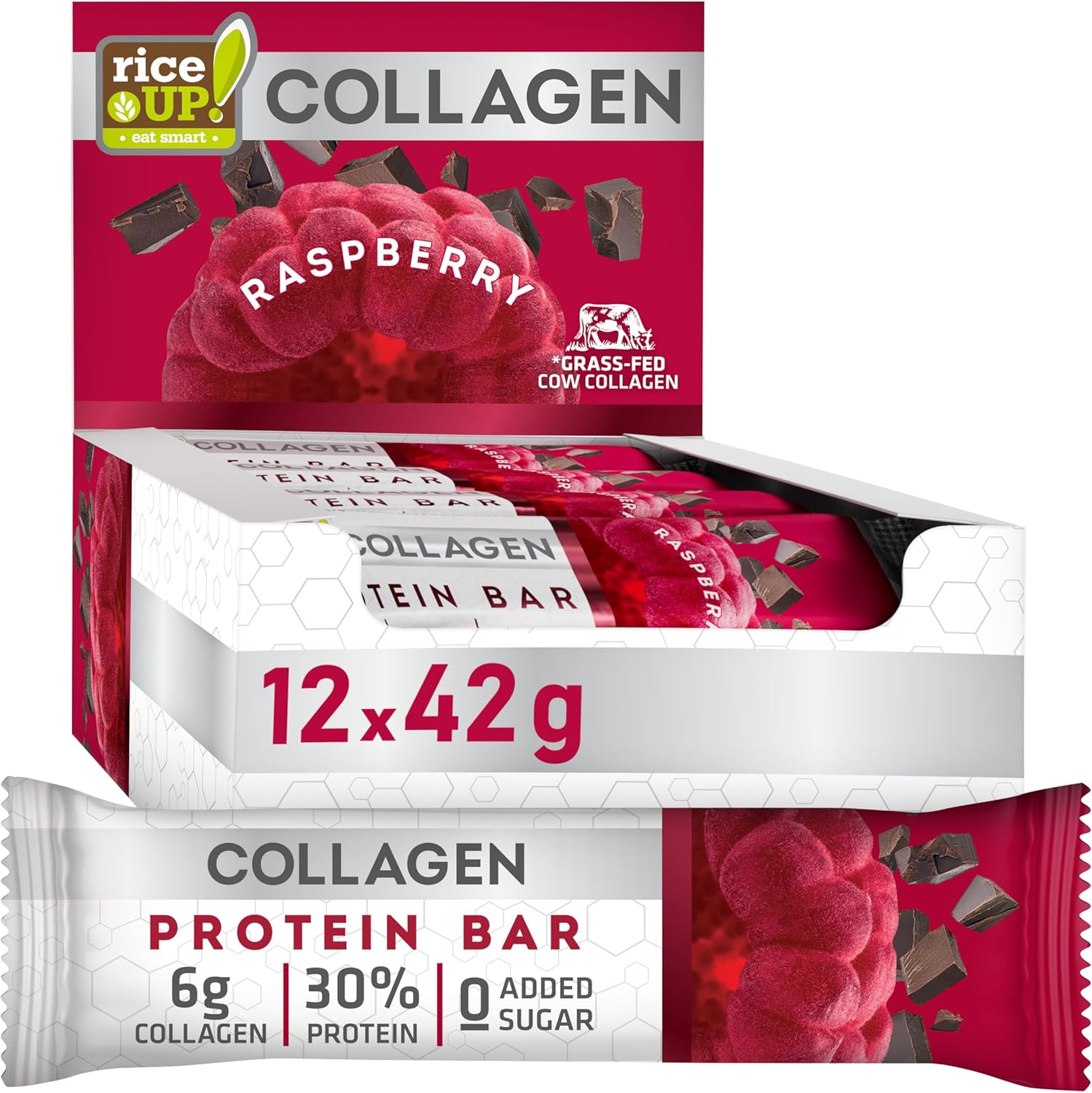 RiceUP! Barres Protéinées Collagène - Framboise, 12 x 42g - 6000mg Collagène (Type I+III), 30% Protéines, Sans Sucre (12 x 42g, Framboise) Framboise 12 x 42g