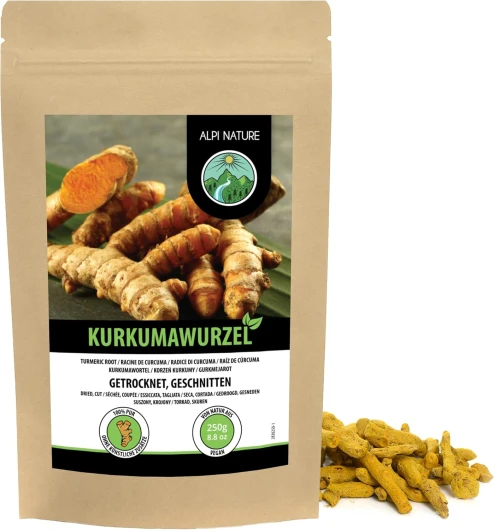 Curcuma Racine Coupée 250g, Morceaux de Racine de Curcuma Séchés et Coupés, Thé en Vrac 250 GR