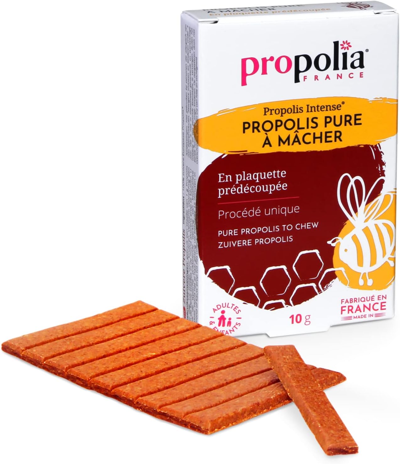 Propolis pure à mâcher - Immunité, Gorge, Hygiène buccale - 100% Propolis purifiée - Complément alimentaire - Fabriquée en France - Plaquette prédécoupée - 10 g Propolis à Mâcher Unique