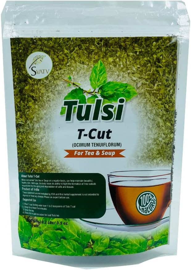 Feuille de thé en vrac SVATV Herbal Tusli - Thé au basilic sacré - Soutien immunitaire - Réponse inflammatoire saine - Anti-stress - Clarté mentale - Antioxydants riches - 100 g, 3,52 oz, 0,22 lb
