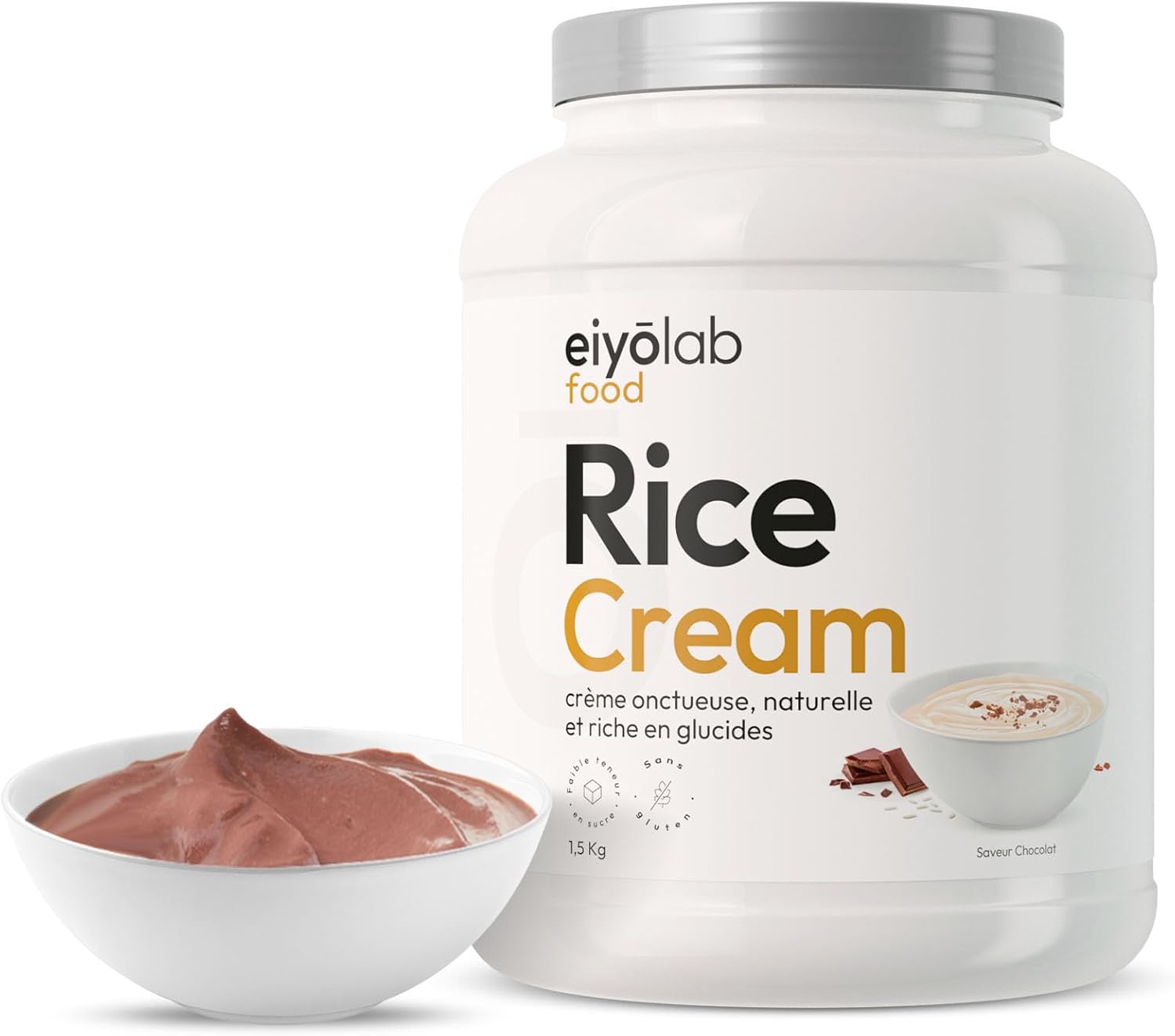 RICE CREAM - Crème de Riz Instantanée et Onctueuse - Faible en Sucre - Index Glycémique Bas - Energie - Collation Pré ou Post-Workout - Ultra Digeste et Sans Gluten Saveur Chocolat - 1,5 Kg - Eiyolab Chocolat 1,5 kg