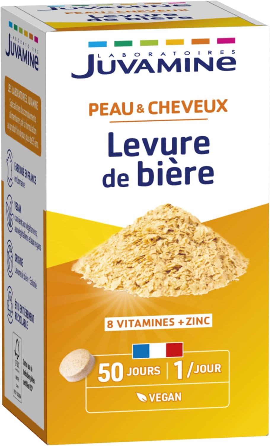 Levure de Bière, Beauté de la peau, des cheveux et des ongles, Vitalité, Vitamines B1, B2, B3, B5, B6, B8, B9 et B12 + Zinc, Programme de 50 jours, Fabriqué en France