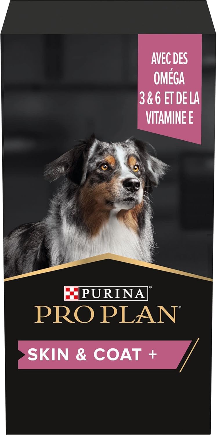 PURINA PRO PLAN - Skin & Coat+ - Chien - Aliment complémentaire pour Chien Adulte -Favorise la santé de la peau et contribue à la brillance, l'éclat et la douceur du pelage- Huile - Bouteille de 250ml Skin & Coat 225g