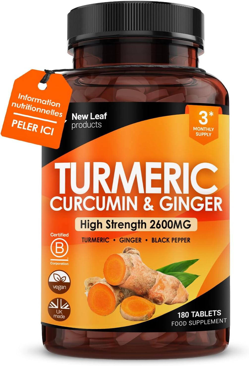 New Leaf 180 Comprimés de Curcuma avec Gingembre et Poivre Noir, Complément de Curcuma Actif 2 600 mg, 95% d'Extrait de curcumine, 180 Comprimés (3 Mois), Haute Concentration