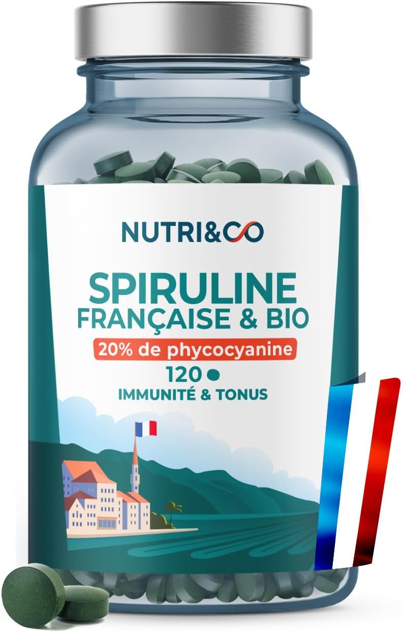 NUTRI & CO Spiruline BIO 100% Française - Cultivée en Provence - 20% de Phycocyanine - Riche en Protéines Vitamine B12 & Antioxydant - 120 comprimés de 500 mg Vegan Sans Excipients Française 120 unité (Lot de 1)