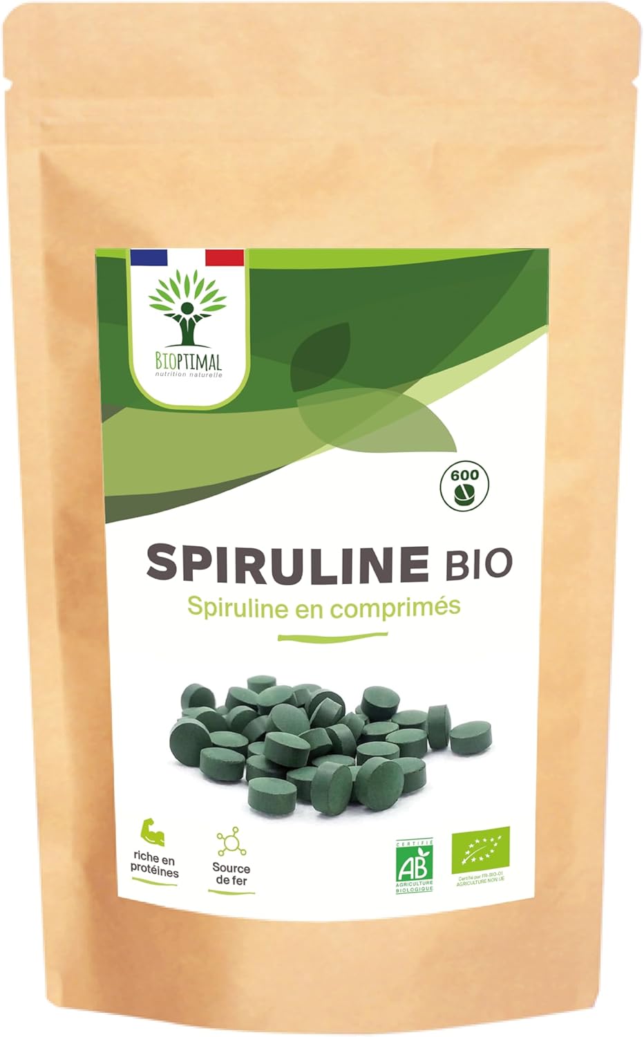 Spiruline Bio - Bioptimal - Complément alimentaire - BCAA Fer Vitamine A - 65% de Protéine - 17% de Phycocyanine - 500 mg/comprimé - Conditionnée en France - Certification Ecocert - 600 comprimés 600 unité (Lot de 1)