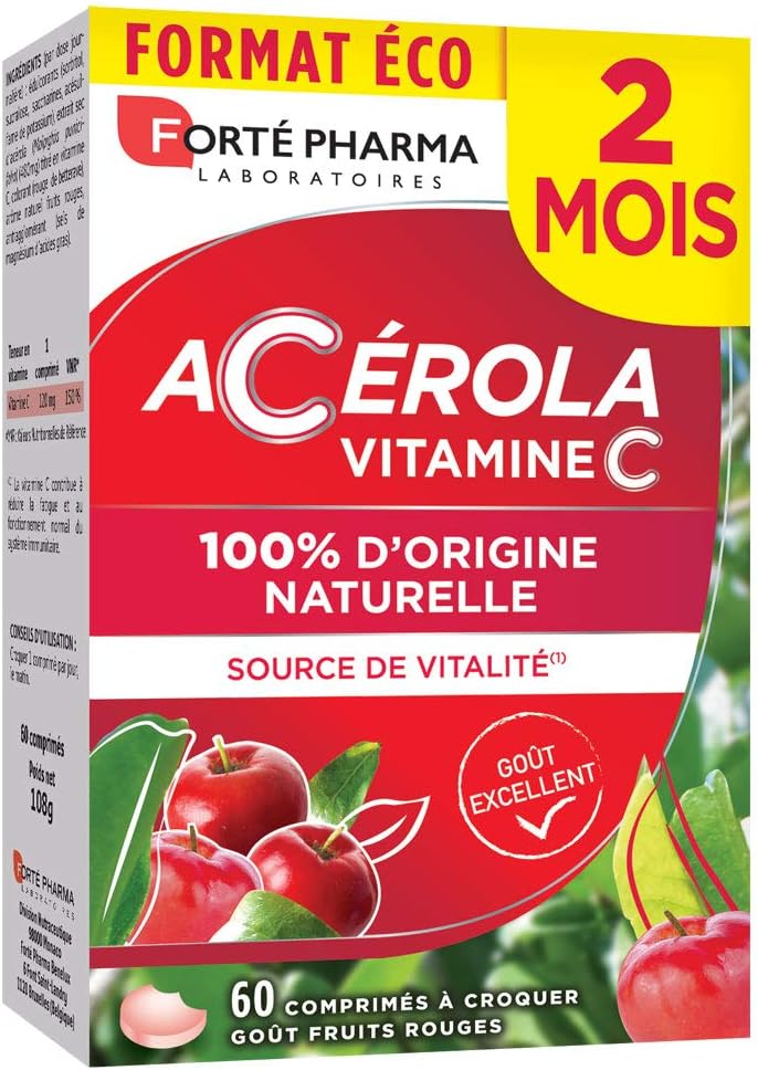 Acérola - Vitamine C Naturelle à Croquer dès 12 ans - Complement alimentaire réduction de la fatigue - 60 comprimés, 1/jour Acérola Vitamine C à Croquer