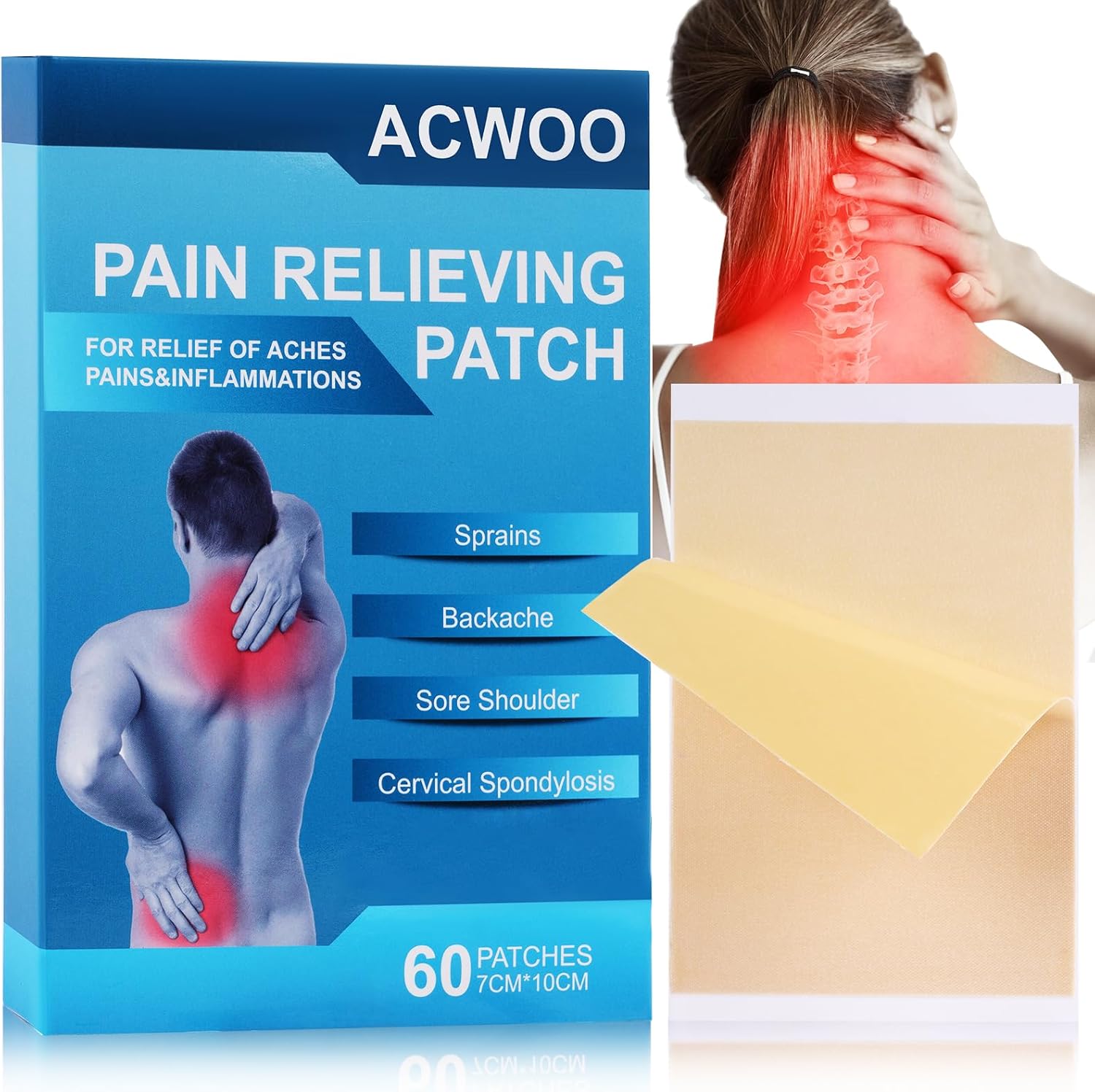 ACWOO Patchs Anti-Douleur, 60Pcs Patchs de Soulagement de la Douleur, Pansement Anti-Douleur, pour Douleurs Aux Épaules, Douleurs Dorsales, Douleurs Aux Genoux, Douleurs Arthritiques
