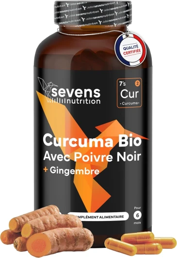 Curcuma Bio Gélule Anti Inflammatoire avec Gingembre et Poivre Noir – 1410 mg par Dose – 365 Gélules – Format XL Éco – Complément Articulations Os Vegan Naturel – Sevens