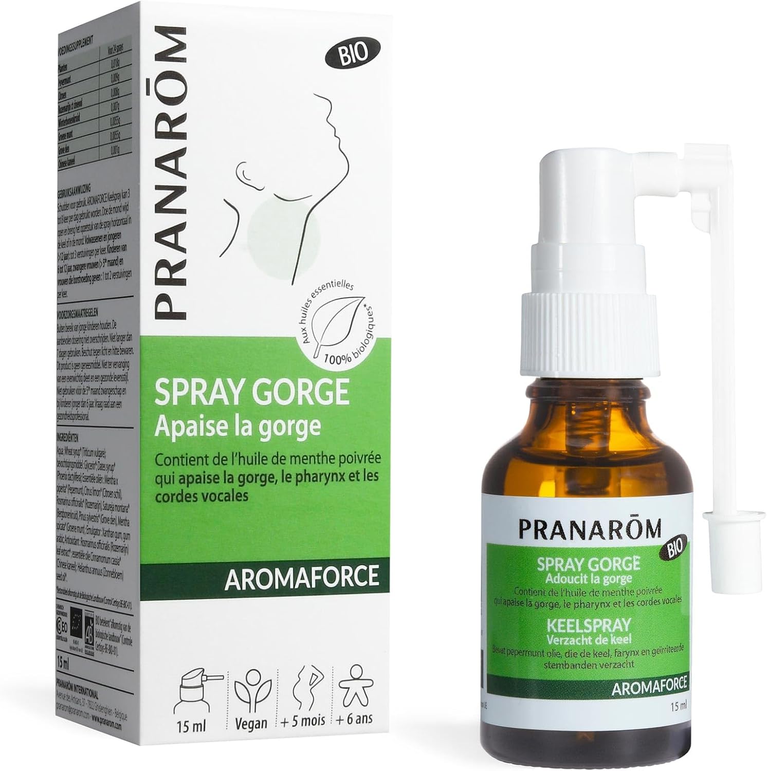 PRANARÔM - Aromaforce - Spray Gorge Action 3 En 1 - Aux Huiles Essentielles - Menthe Poivrée - Aide au soulagement de La Gorge - Vegan - 15 ml Spray Menthe