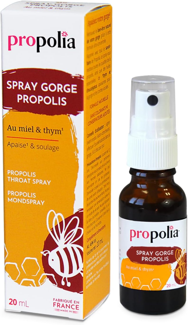 Spray Gorge - Propolis, Miel, Thym & Eucalyptus- Irritations de la gorge et de la bouche - 100% naturel - Complément alimentaire - Fabriqué en France - 20 ml 20 ml (Lot de 1)