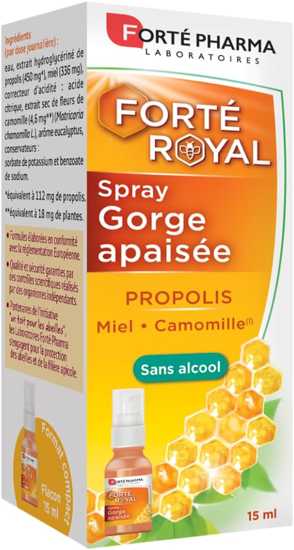 Forté Royal Spray Gorge Propolis Adultes - Complément Alimentaire Gorge irritée - A base de Propolis, Miel, Camomille - Adoucit et Apaise la Gorge - Flacon 15 ml, 6 pulvérisations/jour Spray Gorge Propolis & Miel