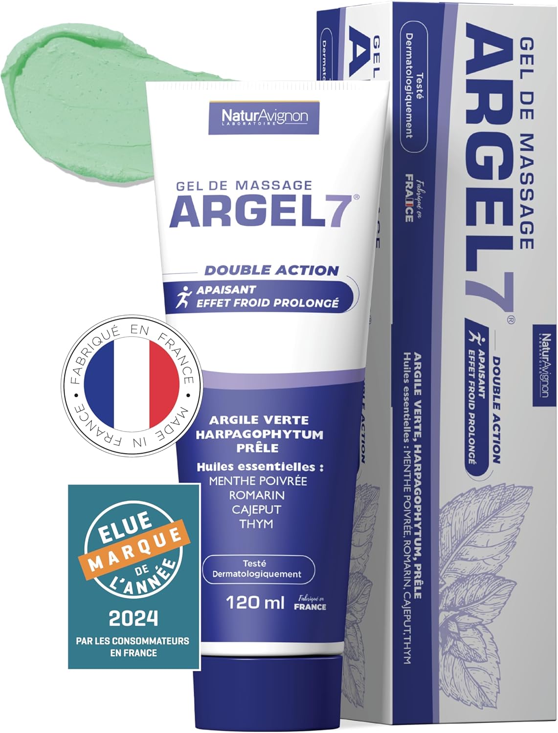 NaturAvignon Argel 7 gel de massage gênes articulaires et contracture musculaire - argile verte, harpagophytum - Creme massage genoux douleur dos -effet cryothérapie - massage et relaxation - 120 mL 1 Tube