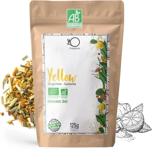 Tisane Gingembre Curcuma Bio Yell-OW! 125g - Infusion Curcuma Gingembre Citron et Poivre Noir - Pour Thé Glacé/Chaud, Turmeric Latte, Jus de Curcuma Bio
