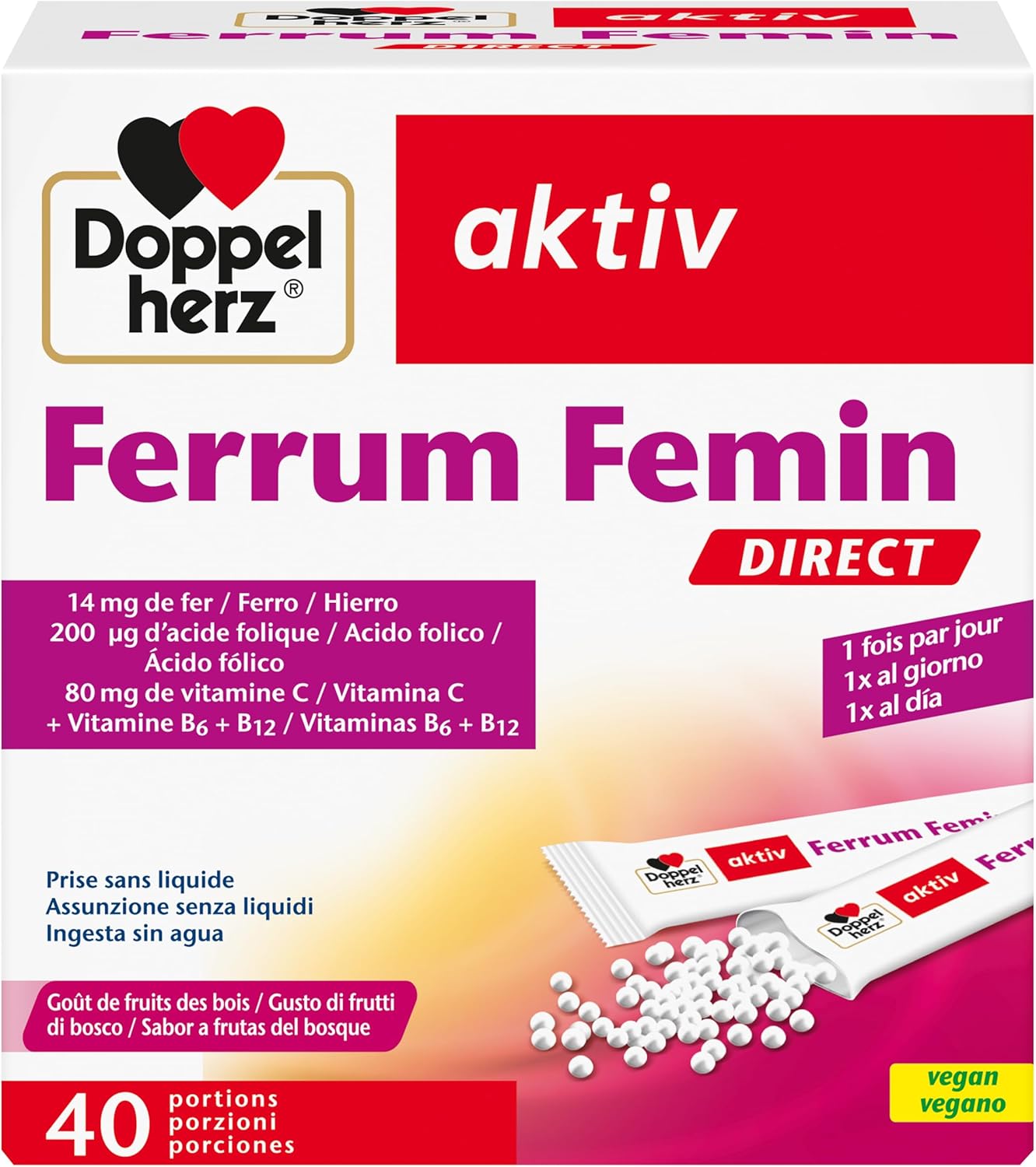 Ferrum Femin avec vitamine C + B6 + B12 + acide folique - 14 mg de fer pour la formation normale des globules rouges - 40 sachets