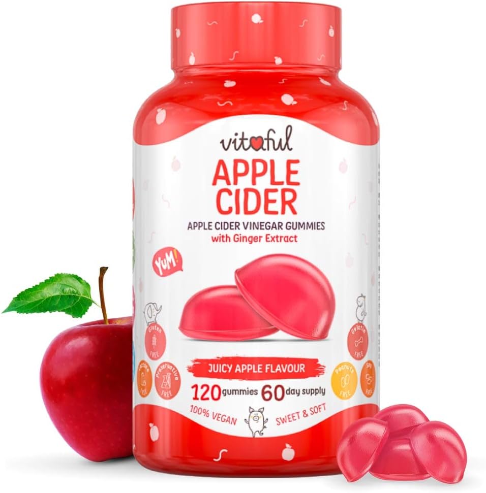 Apple Cider - Vinaigre de Cidre & Extrait de Gingembre - 120 gummies Dose de 2 Mois- 100% Végan - Detox, Nettoyage Intestinal, Digestion & Regain d'Energie - Complément Alimentaire