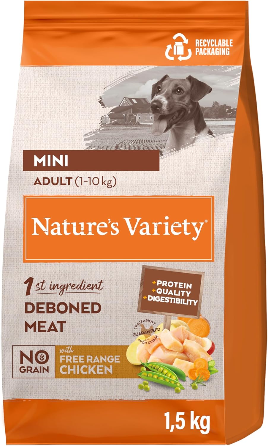 Nature's Variety No Grain Croquettes pour Chiens Adultes Mini - Poulet - 1,5kg 1.5 kg (Lot de 1) Poulet fermier désossé