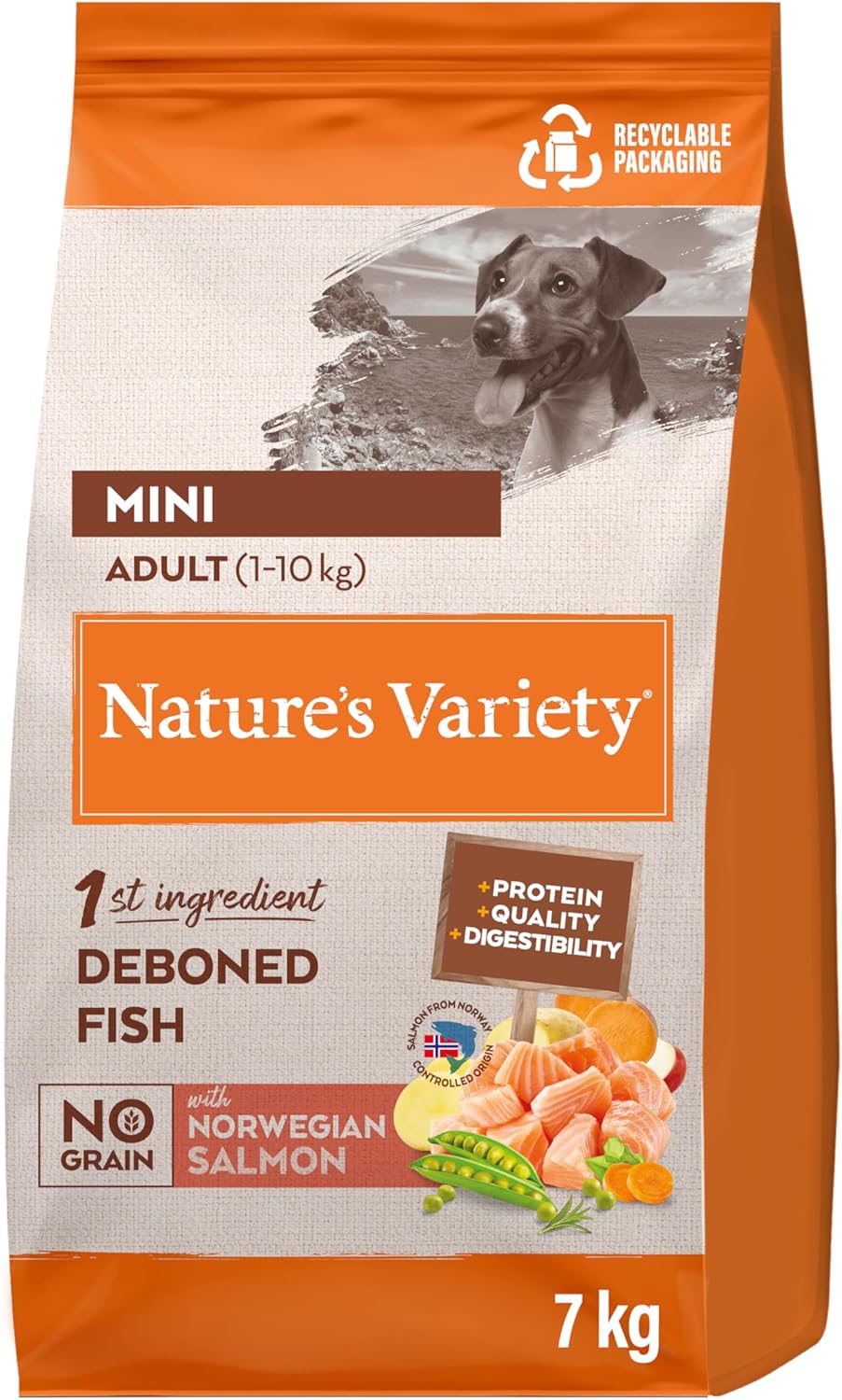 Nature's Variety No Grain Croquettes pour Chiens Adultes Mini - Saumon Norvégien - 7kg Saumon 7 kg (Lot de 1)