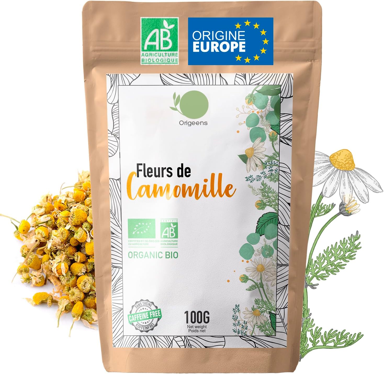 INFUSION CAMOMILLE BIO Origine Europe, 100g - Infusion vrac, Tisane Bio Sommeil et Digestion - Fleurs de Camomille Allemande - Camomille Sauvage Bio