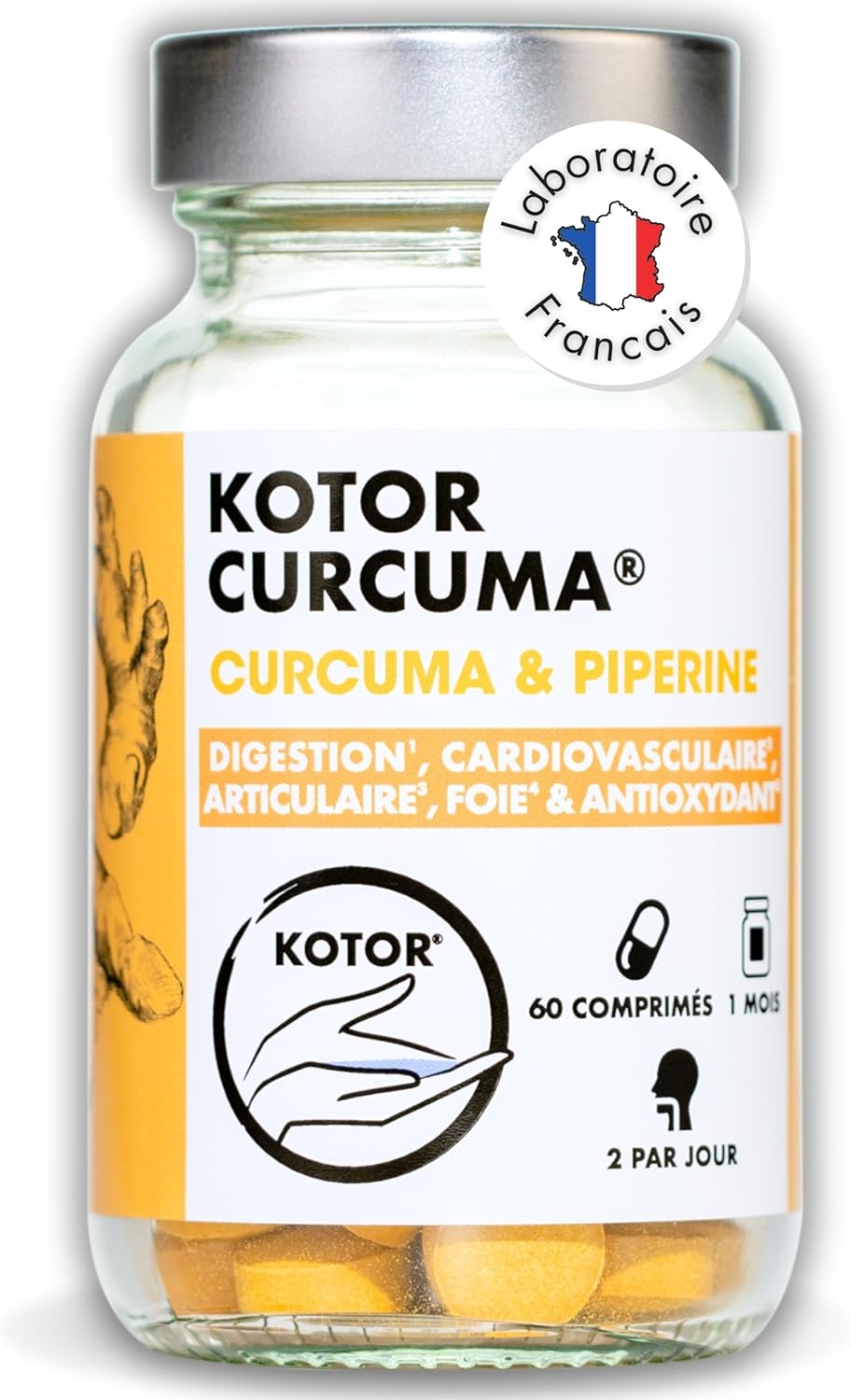 KOTOR Curcuma - Anti Inflammatoire et Oxydant, Douleurs Articulaires, Digestion Difficile - 786mg - Curcuma Bio Haute Absorption - Curcumine + Pipérine - 60 Comprimés - France