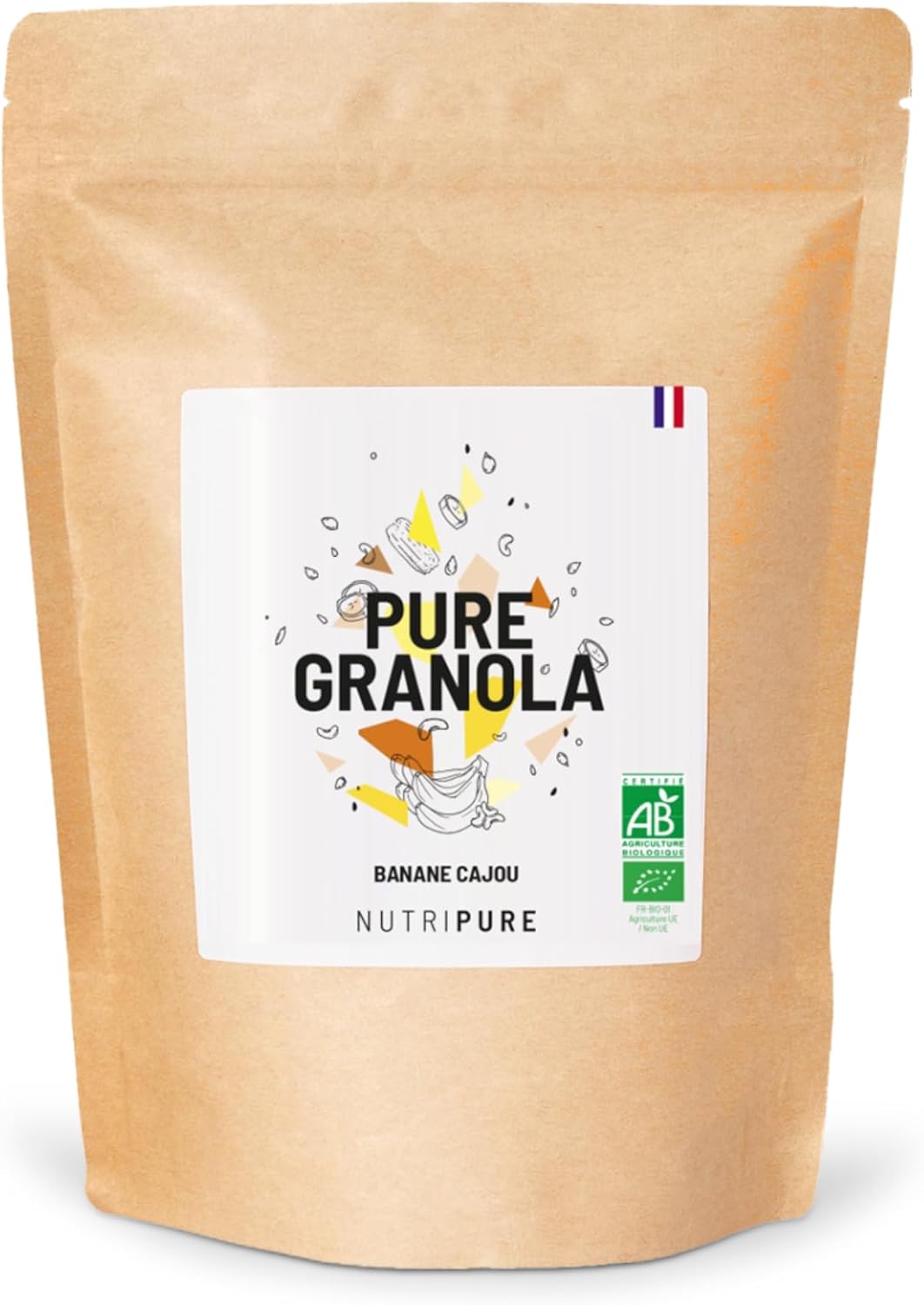 Pure Granola Bio - Riche en Protéines et Fibres - Muesli Vegan, Cru, sans Conservateur ni Sucre Ajouté - Banane Noix de Cajou - Artisanal - Made in France