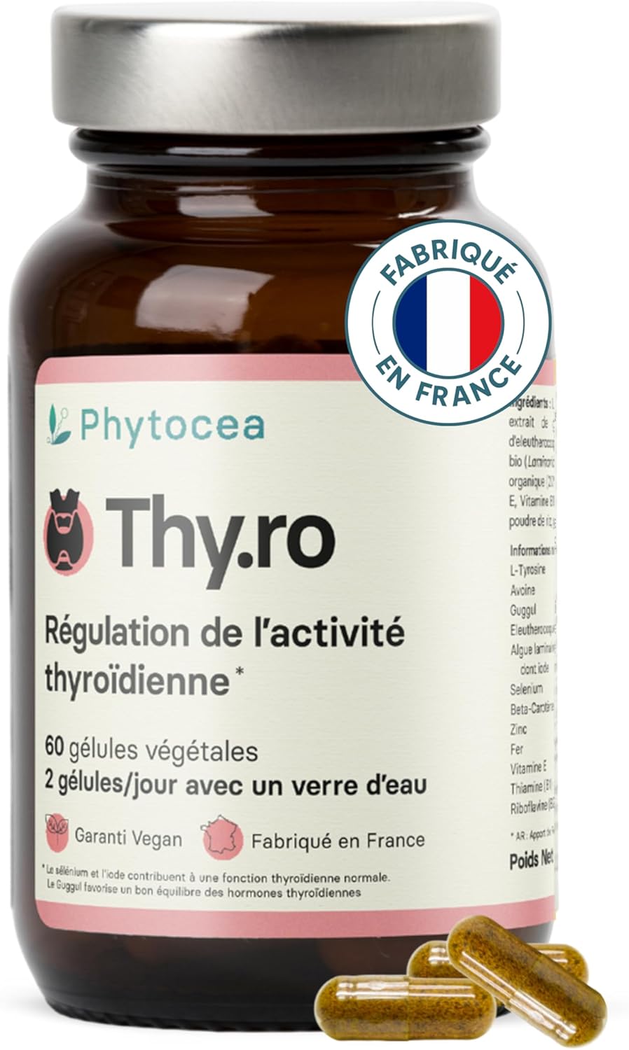 Complément Alimentaire, Régulation Optimale de la Thyroïde - Iode, Selenium, Zinc, Fer, Vitamines B1, B2 - L-Tyrosine, Avoine - Vegan, Extraits Végétaux BIO - Complement Fabriqué en France 60 gélules
