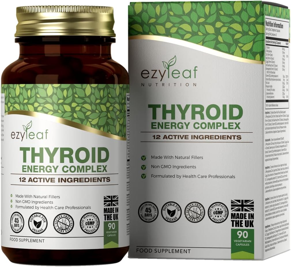 Ezyleaf Complexe Thyroïdien - Supplement Soutien Thyroïdien L Tyrosine Ashwagandha Phenylalanine Iode Zinc Varech Mousse de mer Iodure de Potassium Guggul Selenium - 90 Capsules - Certifié ISO au UK