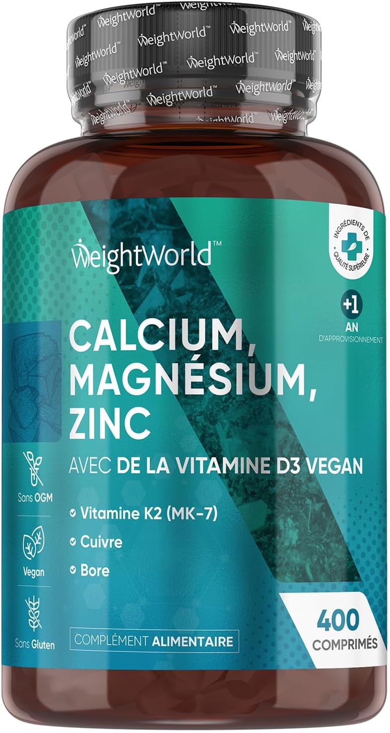 Calcium Magnésium Zinc Vitamine D3 K2 MK7, 400 Comprimés Vegan pour plus d'1 An avec Cuivre, Sélénium, Manganèse et Bore, Multivitamines et Minéraux Adultes sans Stéarate de Magnésium