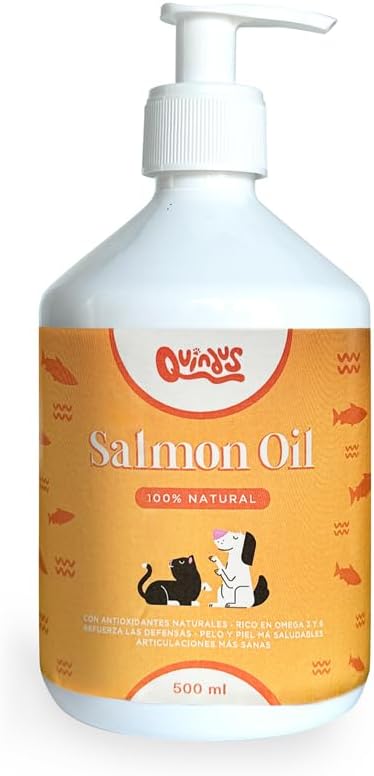 QUINDU'S - Huile de Saumon pour Chiens et Chats - Huile de Poisson avec Oméga 3 pour Articulations, Peau et Pelage - Anti-inflammatoire Naturel - Compatible avec Alimentation Sèche et Humide (500gr)