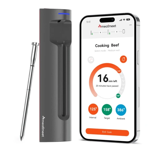 Meatmeet S Pro Thermomètre à viande avec Bluetooth, 6 capteurs de température fonctionnent simultanément, précision de ± 0,1 °C, surveillance par application avec minuterie et alarme, IP69 étanche et
