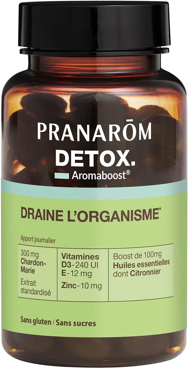 Aromaboost Detox - Complément Alimentaire - Elimination des Toxines - Chardon Marie et Zinc - Vitamines D3 et E - Huile Essentielle Citronnier - 60 Capsules Capsules Détox