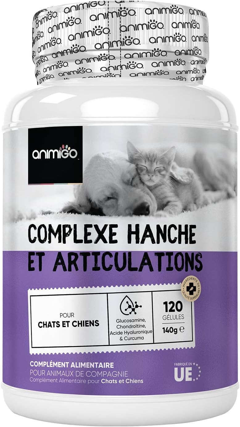 Articulation Chien Chat Complexe Hanche et Articulation - 120 Gélules, Acide Hyaluronique, Glucosamine, Chondroïtine, MSM, Curcuma, Poivre Noir, Cannelle - Os, Souplesse, Douleur, Anti-inflammatoire