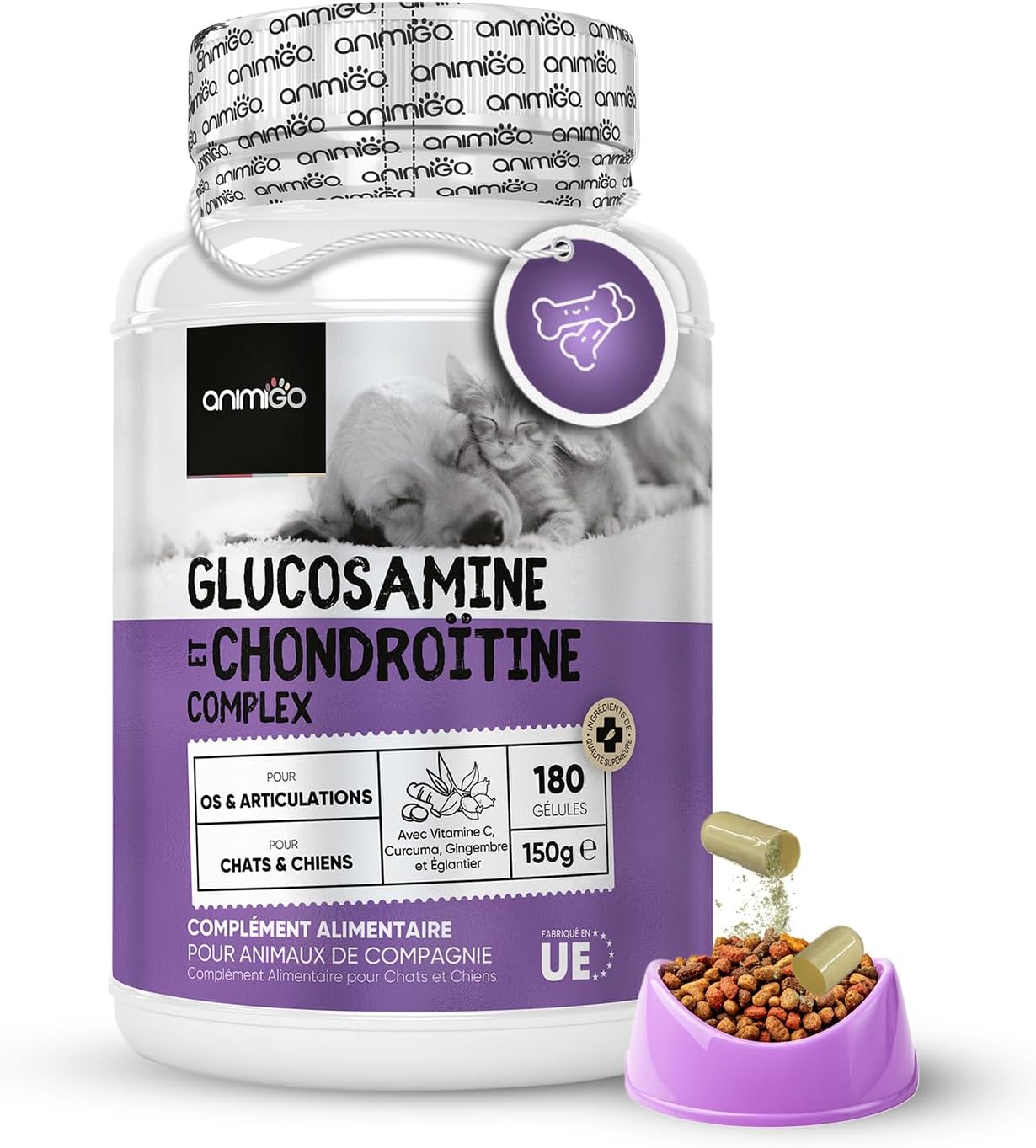 Glucosamine Chondroïtine Chien & Chat -180 Gélules avec Vitamine C, Curcuma, Gingembre, Églantier - sans Odeur, Anti Inflammatoire, Aide d'arthrose, Cartilage, Os, Souplesse, Chondroprotecteur
