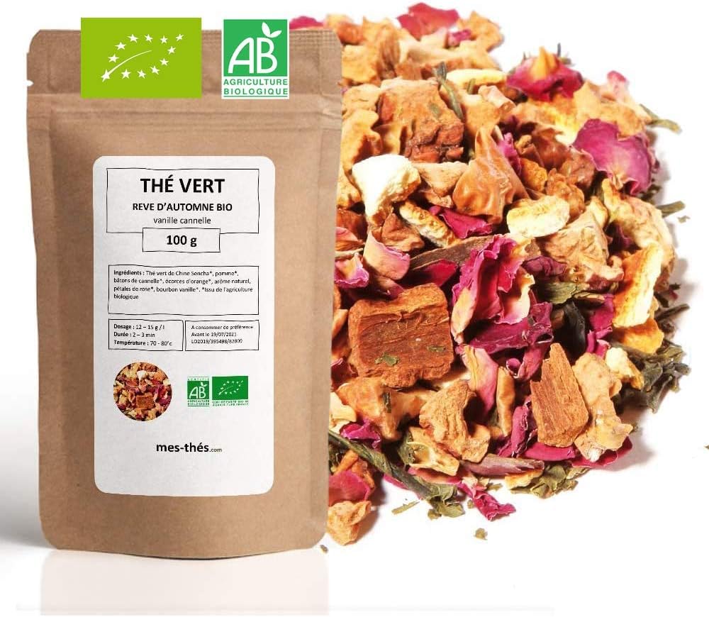 Thé Vert bio aromatisé Vanille Cannelle - 100g (40 tasses) - Thé en vrac 100% agriculture biologique - Mes-Thés