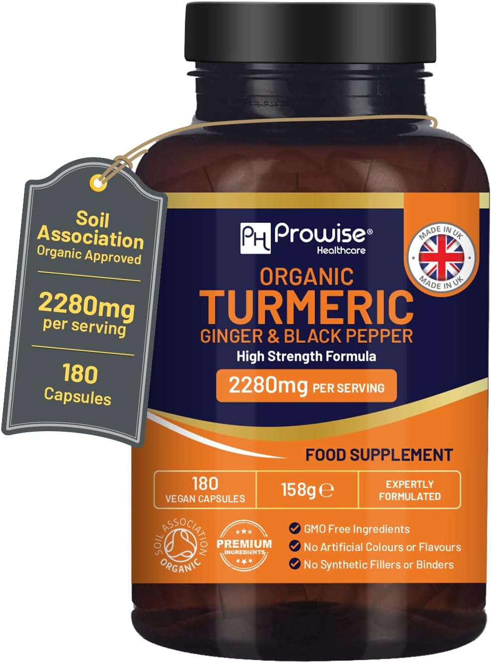 Curcuma bio 2280 mg (haute résistance) avec poivre noir et gingembre - 180 capsules de curcuma végétaliennes avec ingrédient actif curcumine I UK fabriqué par Prowise Healthcare